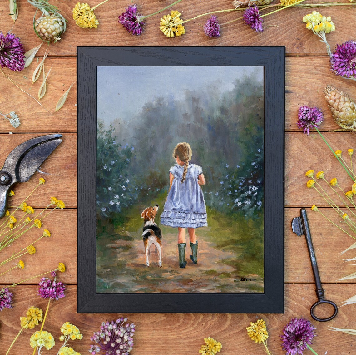 Little Girl Beagle Dog Garden Path Walking Away Oil Painting Poster - Image 3