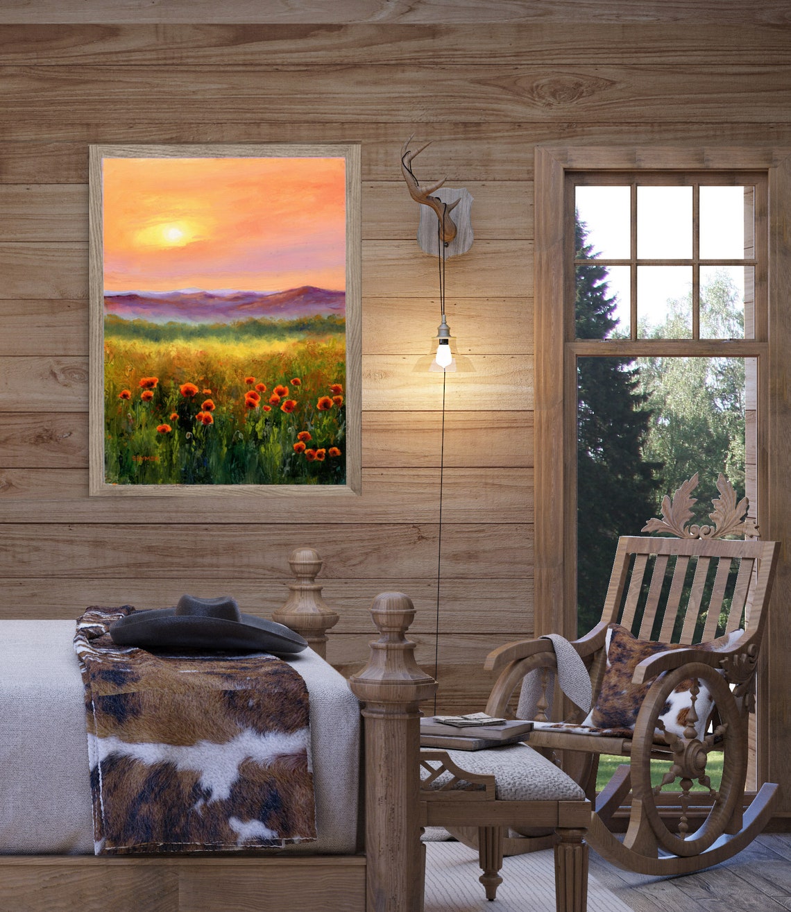 Vibrant Red Poppy Field at Sunset with Purple Mountain Views Poster - Image 6