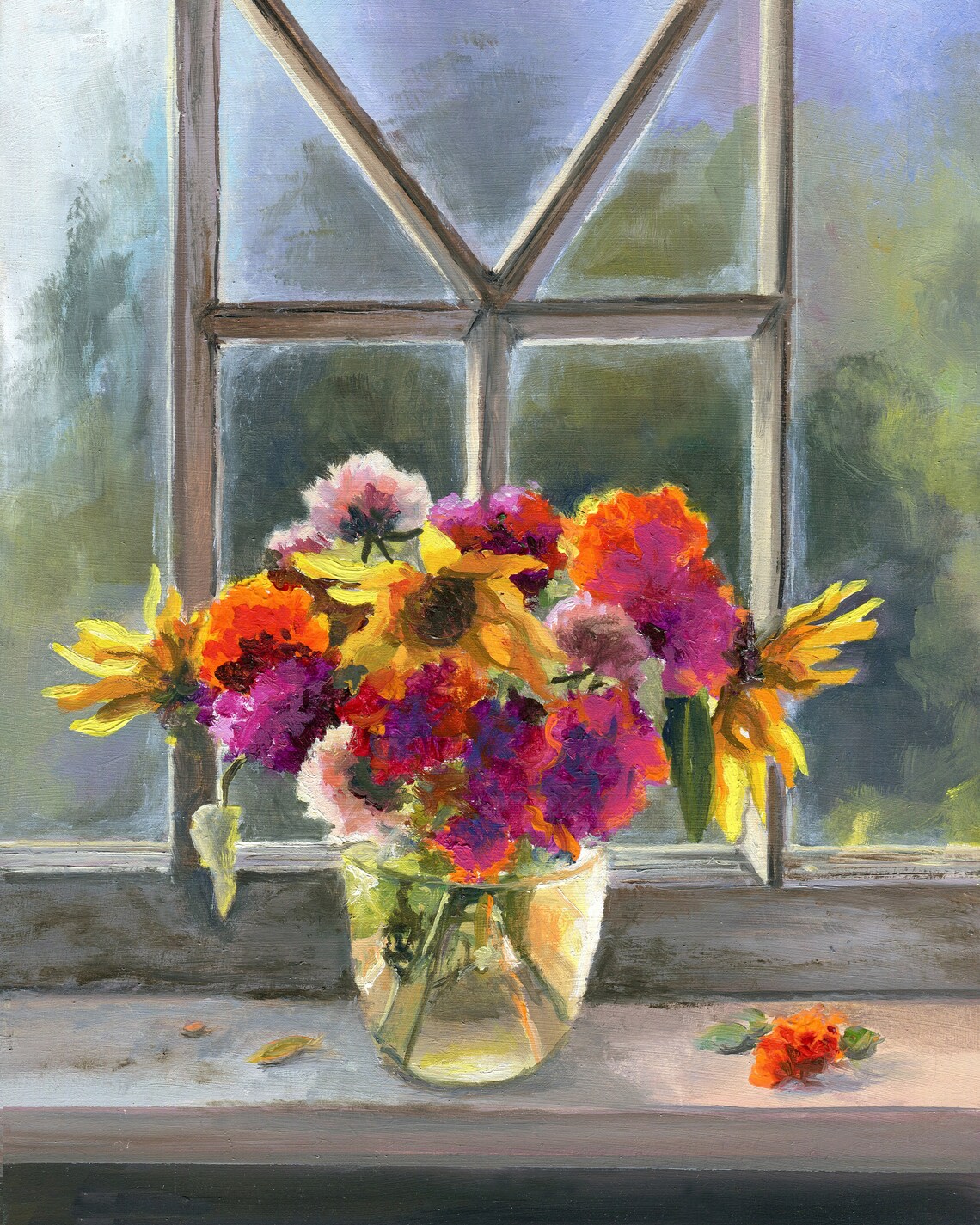 Marigold Bouquet Window Vase Colorful Still Life Oil Painting Poster - Image 6