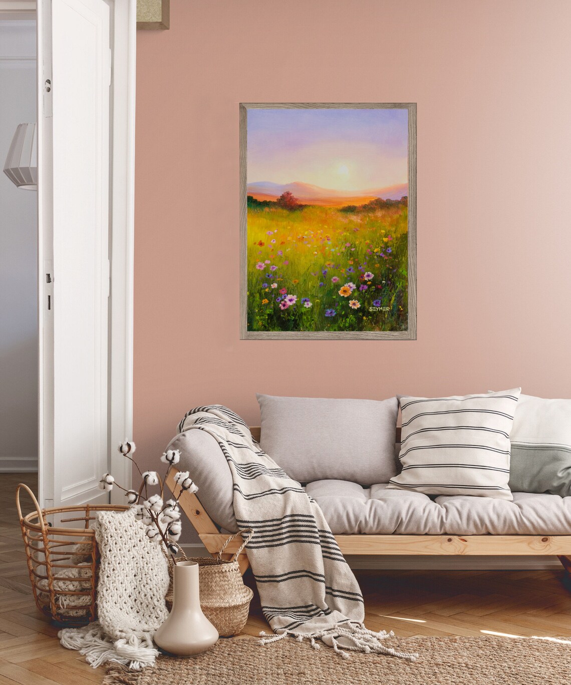 Meadow Landscape Oil Painting, Rustic Farmhouse Art Print - Image 3