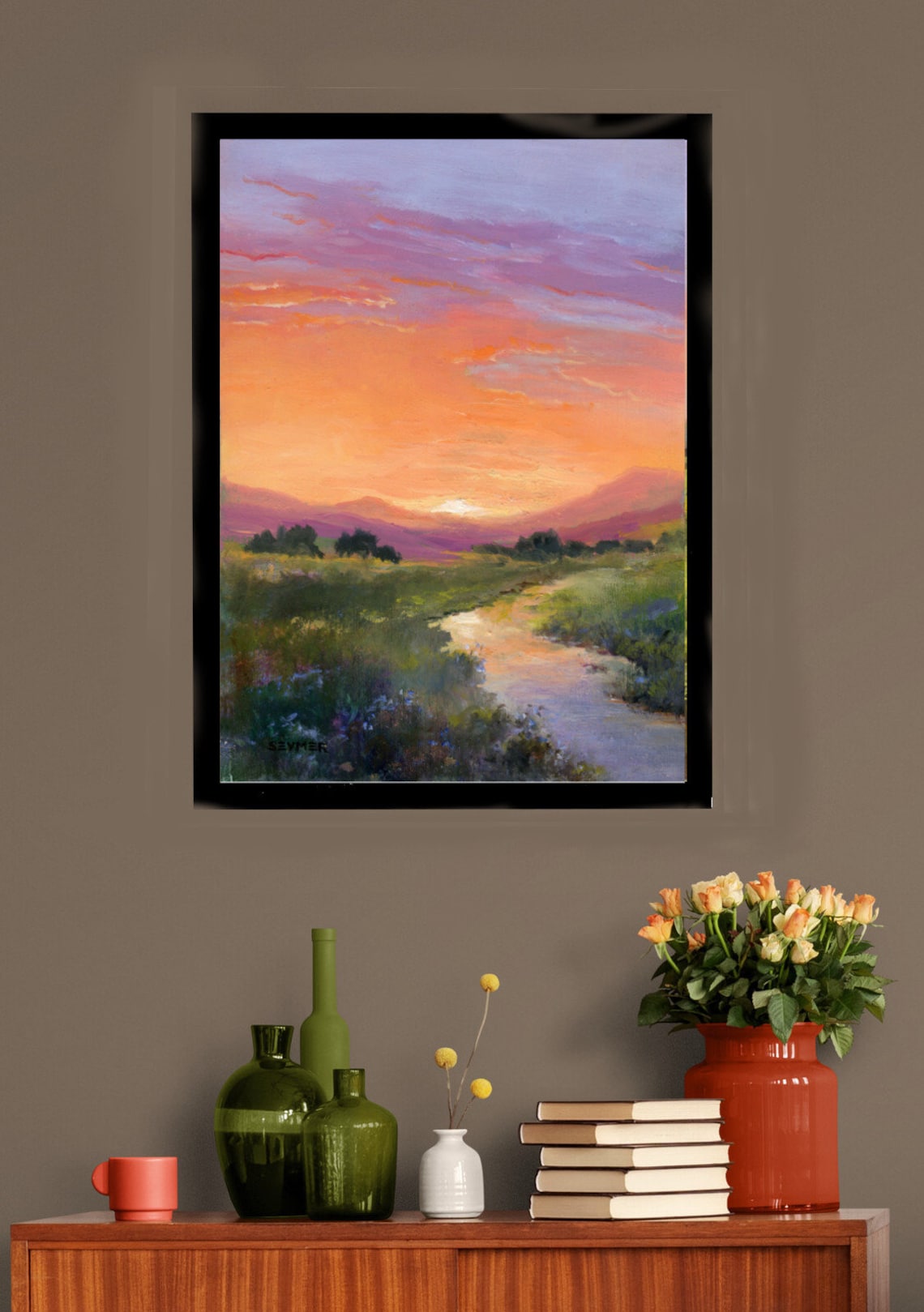River At Sunset Landscape Oil Painting With Purple Sky Poster - Image 2