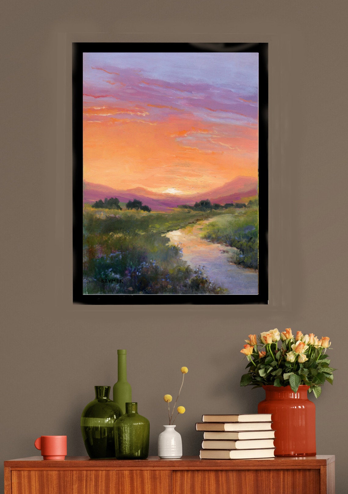River Sunset Print Landscape Painting Poster Sunset Colors Sky Artwork Rustic Countryside Misty River Landscape Art Cabin Decor Wall Art - Image 2