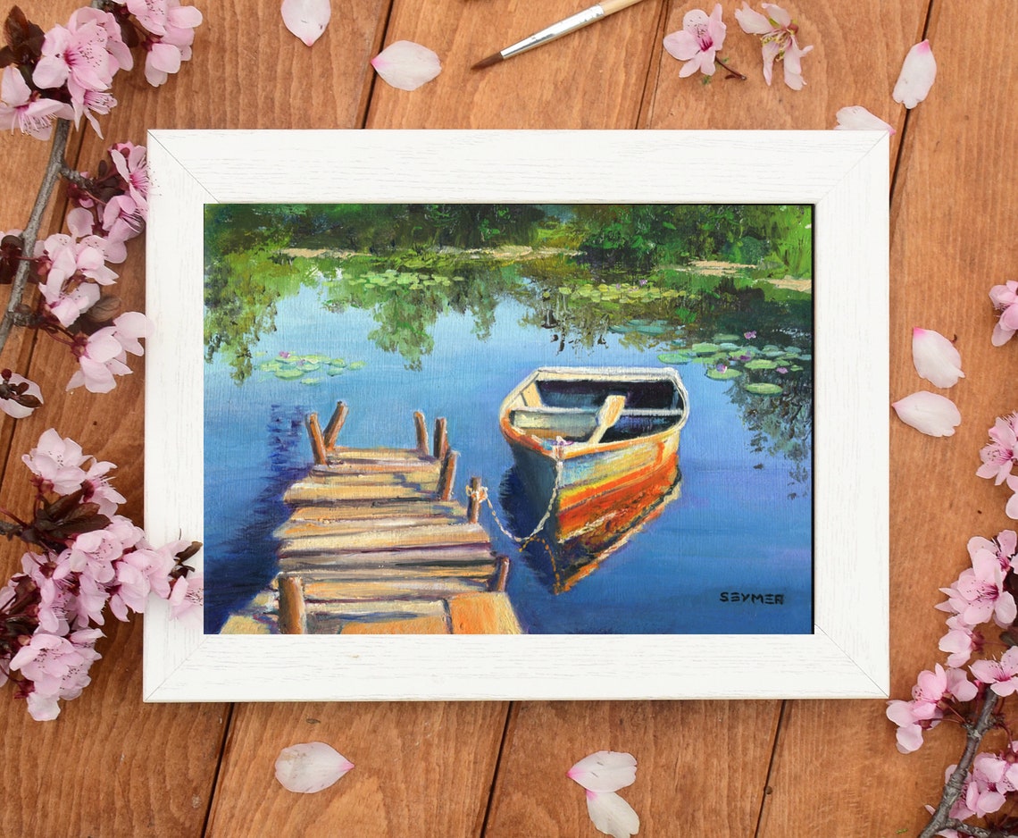 Boat On A Wooden Pier Original Painting Water Lilies Blue Lake Fishing Rowing Boat Nautical Summer Scene Calme Boat Art Lake House Decor