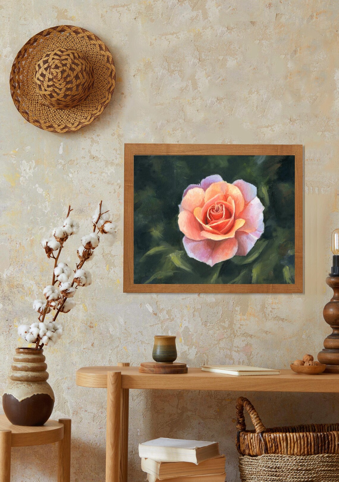 Delicate Peach Garden Rose in Full Bloom Oil Painting Floral Poster - Image 4
