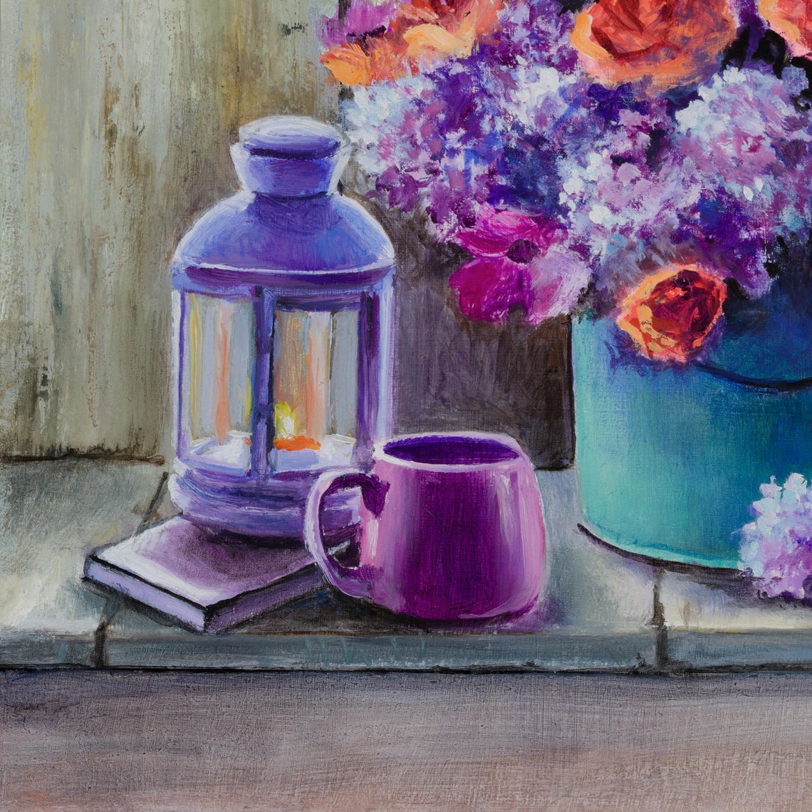 Lilac Roses Bouquet Still Life Painting With Hat And Lantern Poster - Image 4