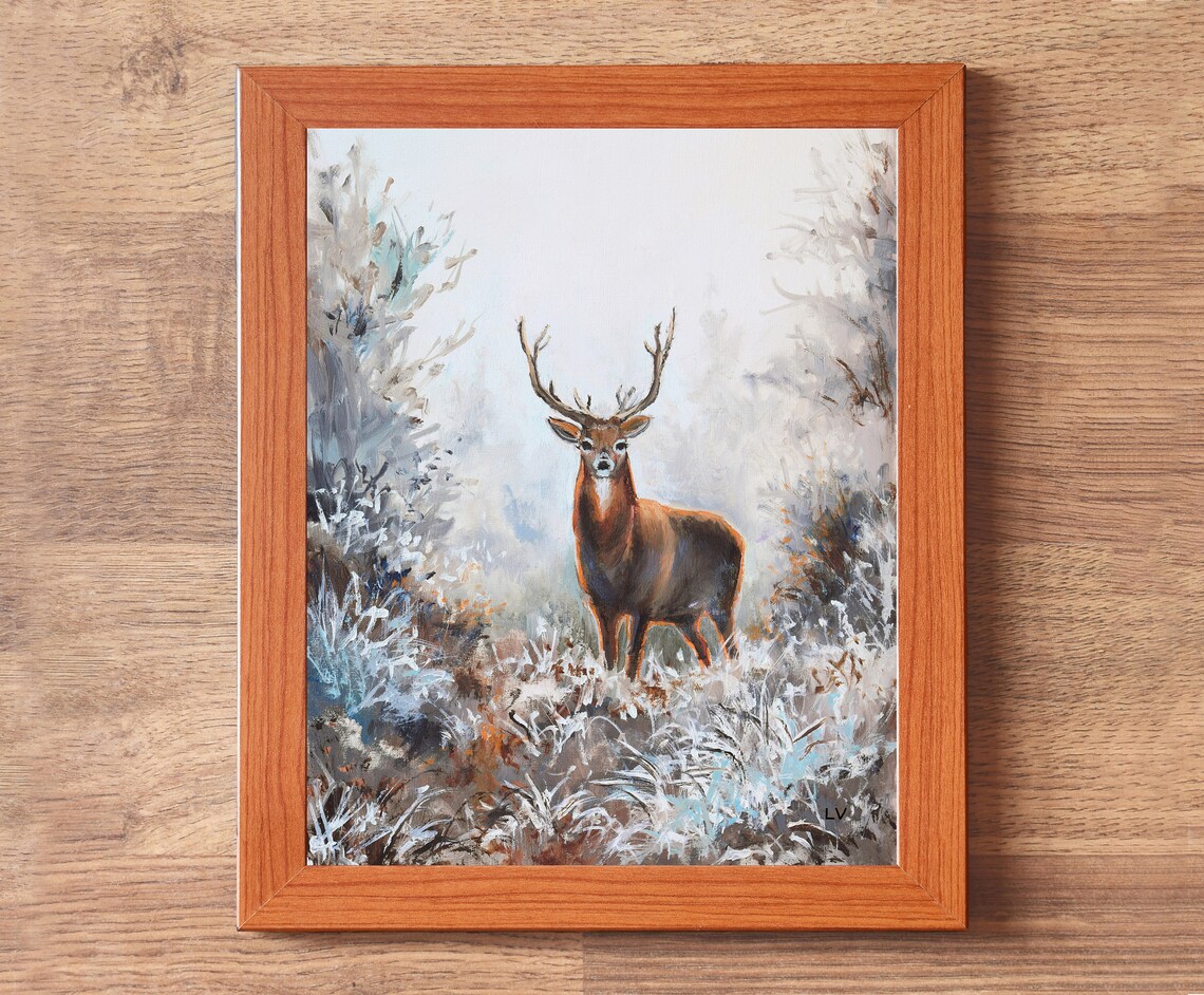 Majestic Stag with Antlers in a Frosty Winter Landscape Poster - Image 2