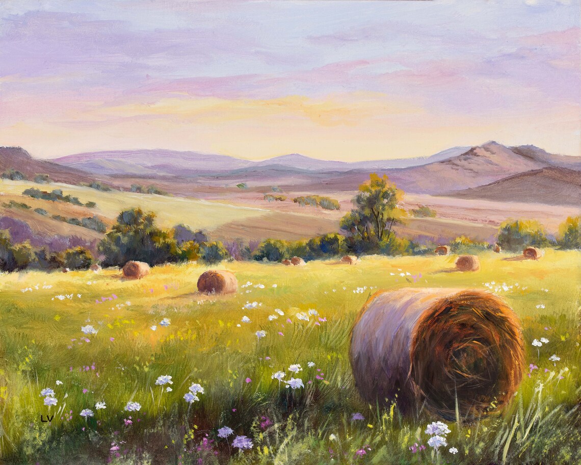 Round Straw Bales Rural Farm Scene Art Print