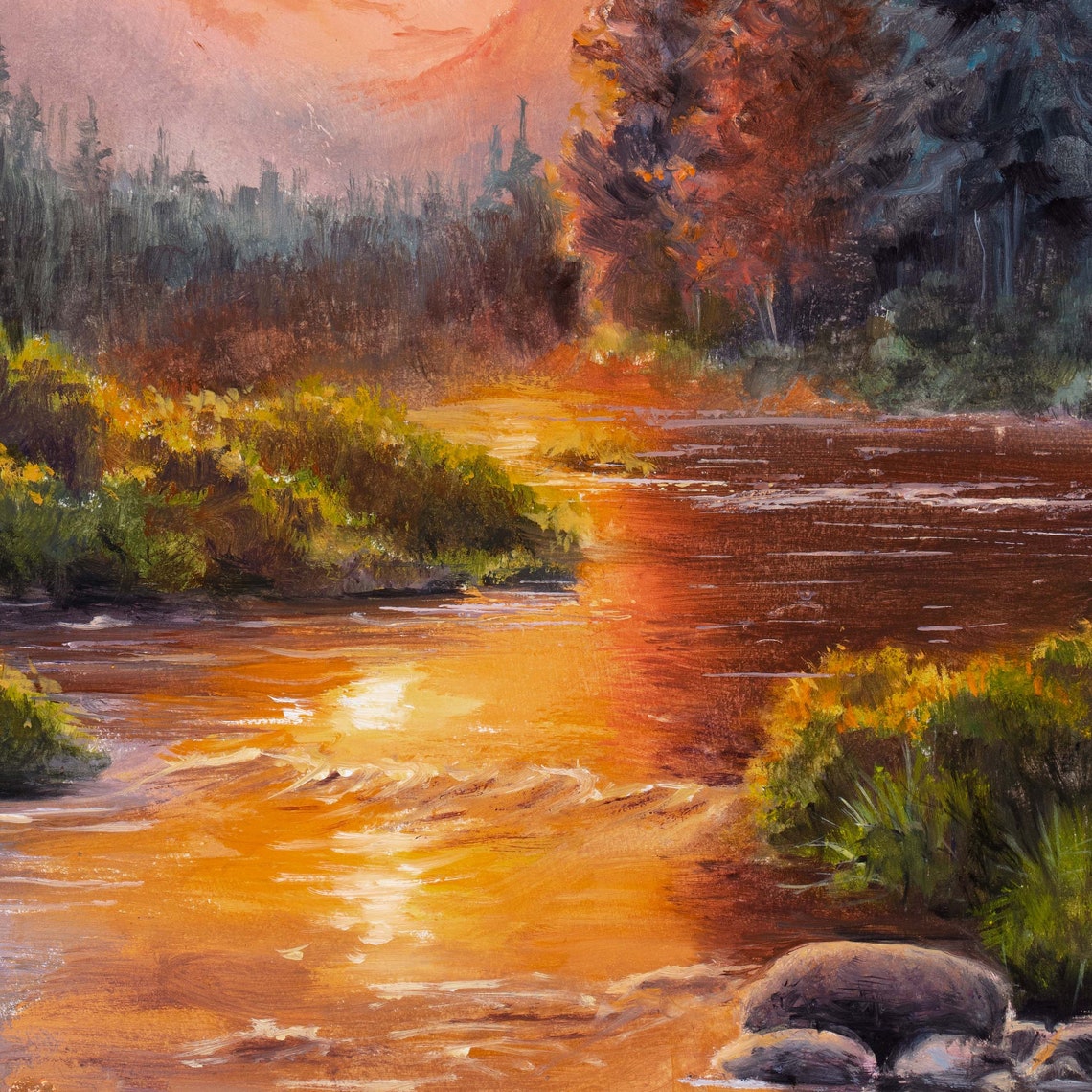 Golden Hour River Reflecting Sunset With Pines And Peak Poster - Image 2