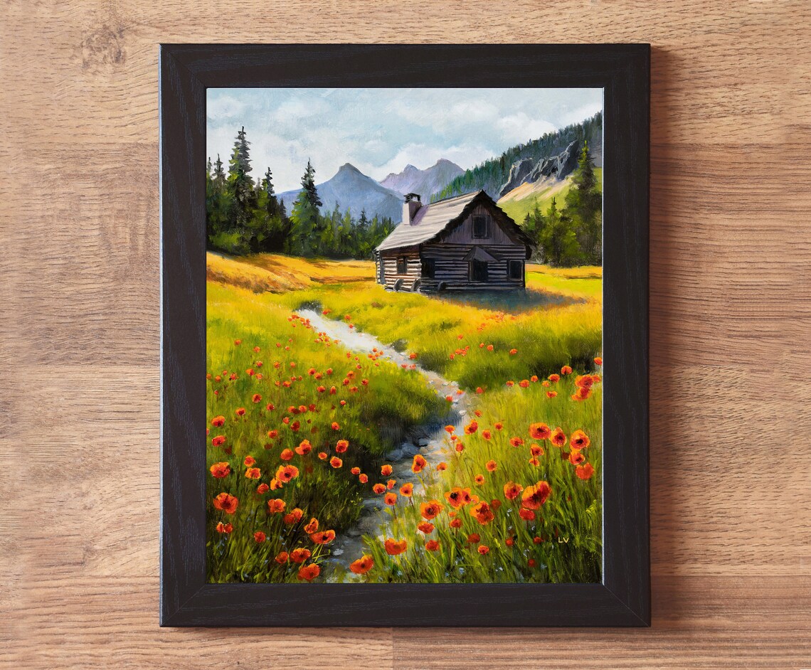 Mountain Log Cabin Poppy Meadow Stream Wilderness Oil Painting Poster - Image 6