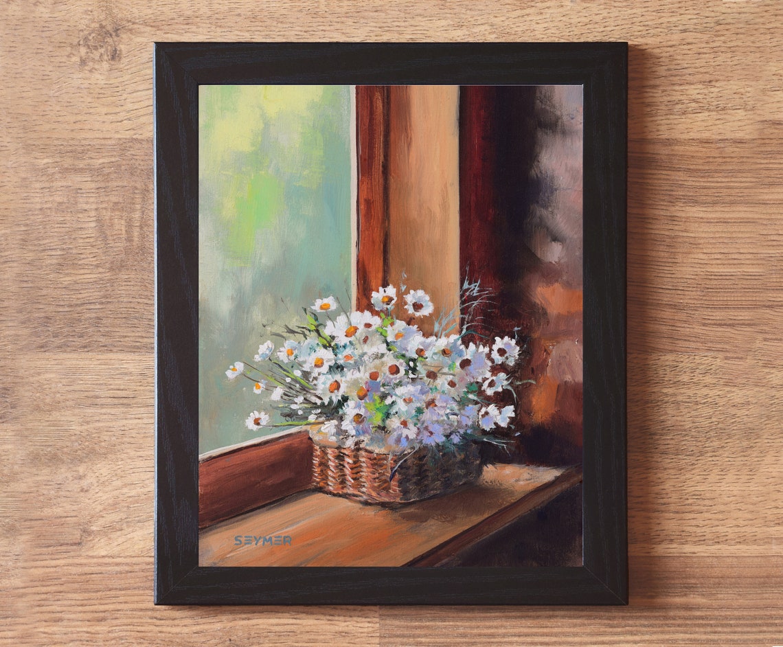 Woven Basket of White Daisies on a Rustic Wooden Table Poster - Image 6