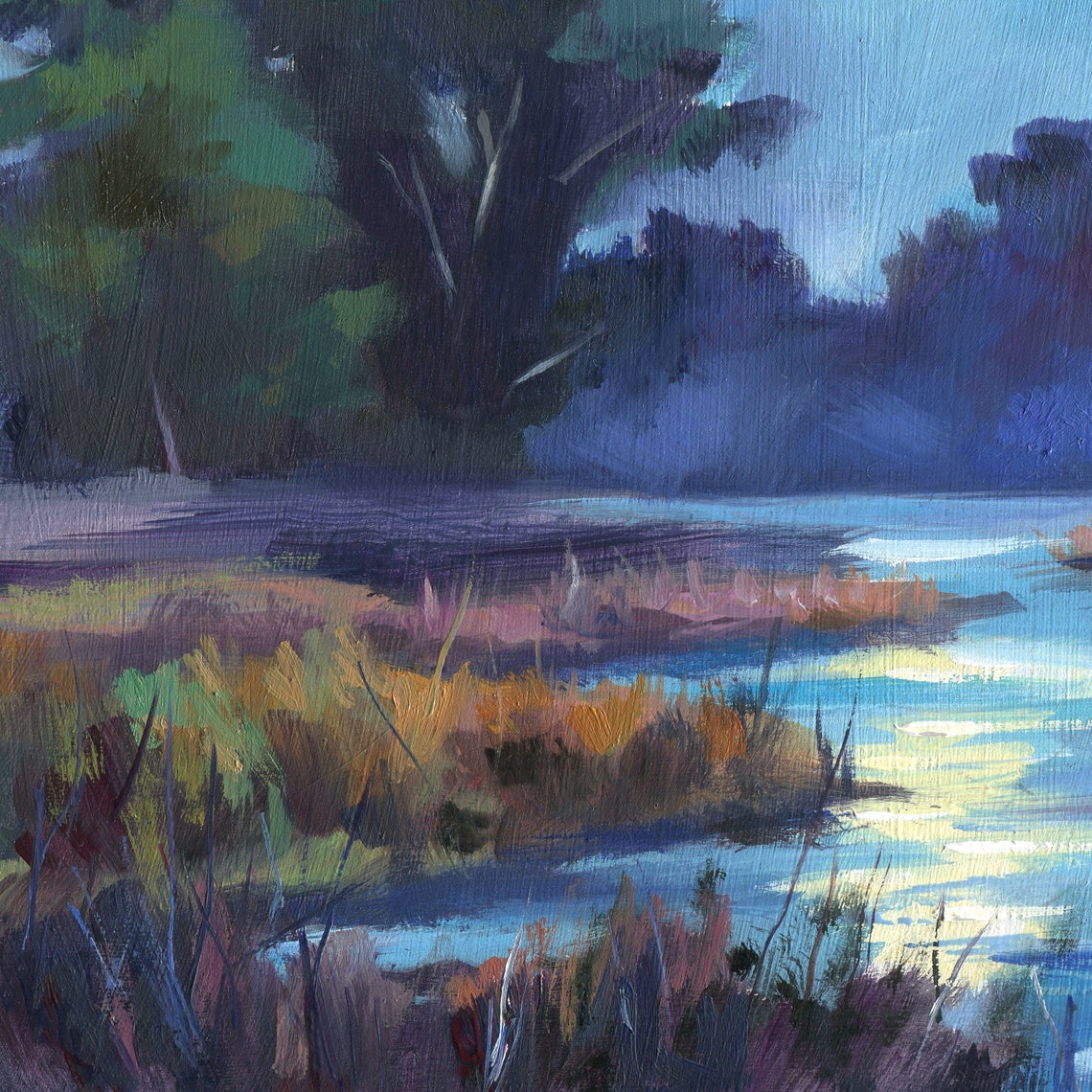 Night River Painting Original Nocturne Landscape River Marshland Moonlight Artwork Starry Sky Wall Art Moody Countryside Wall Decor - Image 3