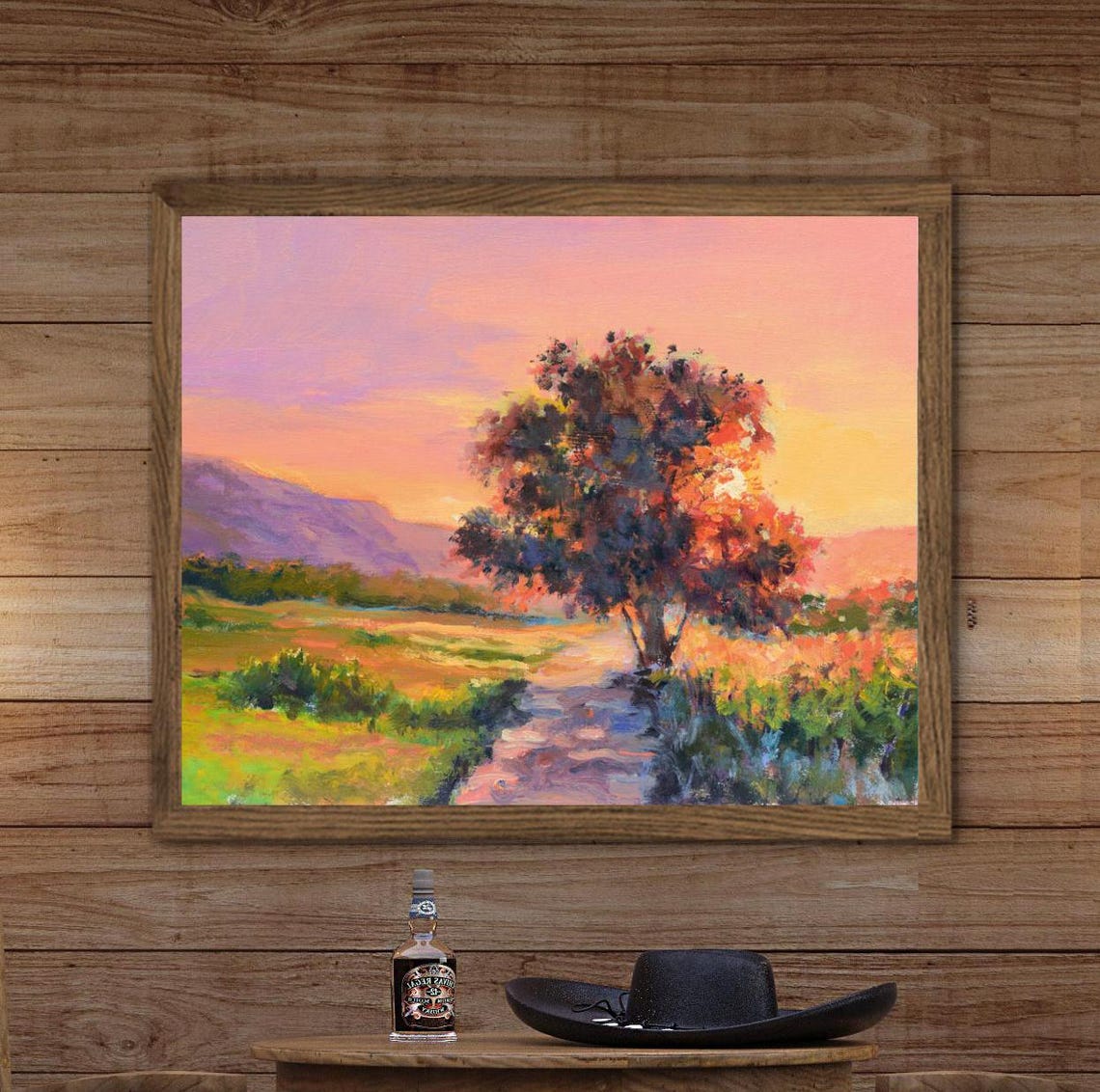 Lone Tree Sunset Pink Sky Country Path Field Oil Painting Poster