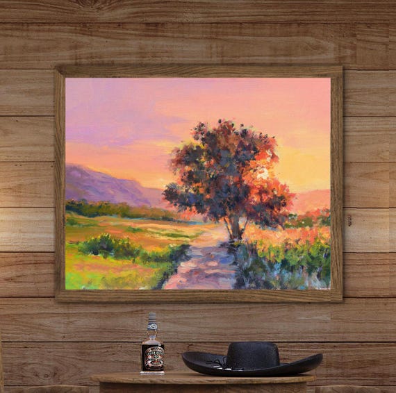 Sunshine Painting Print Summer Landscape Trees Painting Country Colorful Sunny Day Oil Painting Gold Sun Spring Home Decor Art Print