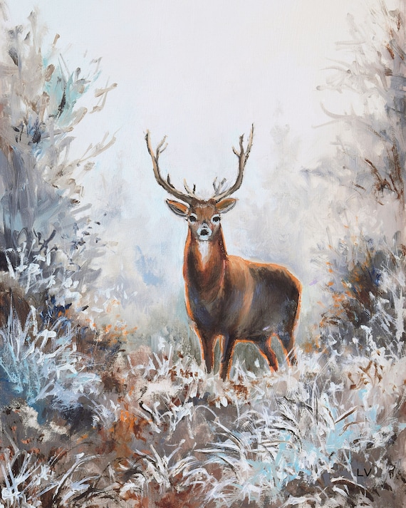 Majestic Stag with Antlers in a Frosty Winter Landscape Poster
