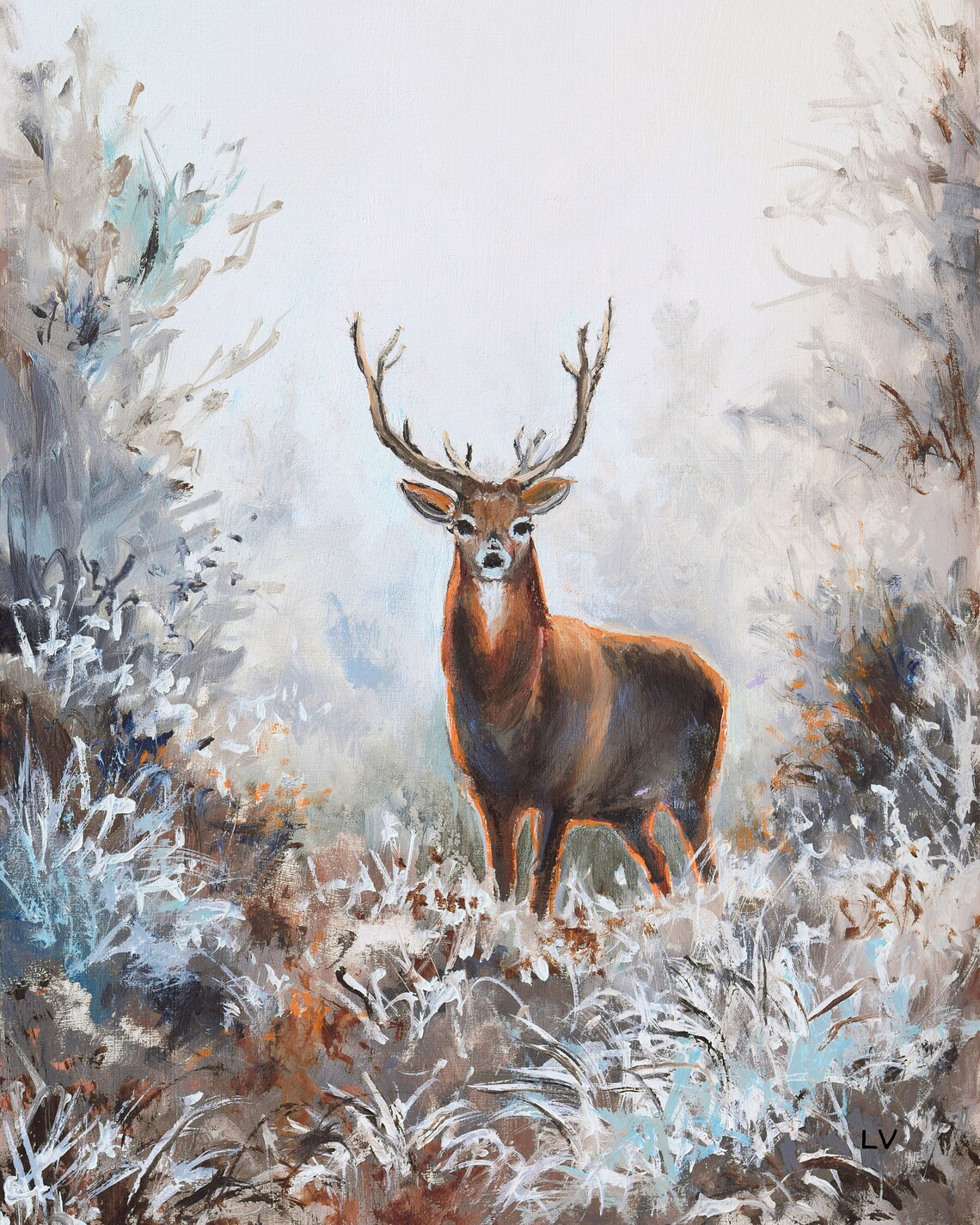 Majestic Stag with Antlers in a Frosty Winter Landscape Poster
