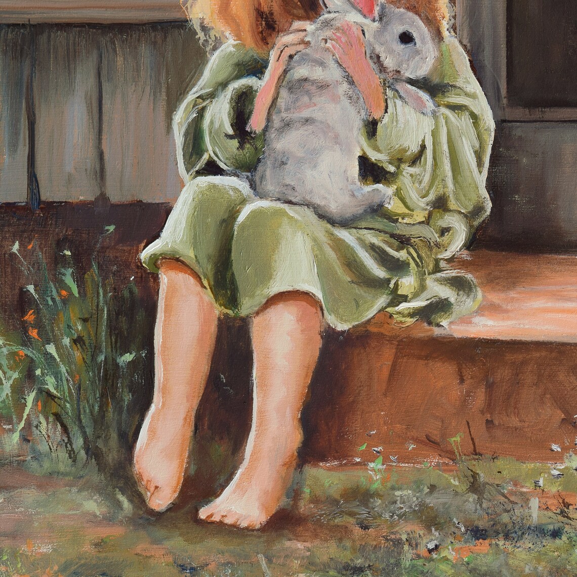 Little Girl with Curly Red Hair Cuddling a Rabbit on a Porch Poster - Image 4
