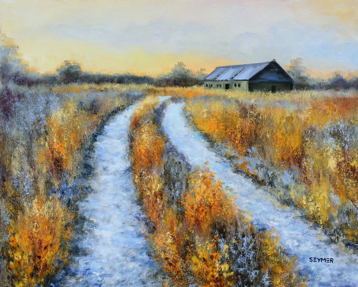 Snowy Farm Road Winter Landscape Oil Painting With Old Barn Poster - Image 6