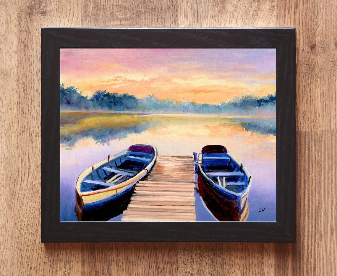 Two Wooden Boats Moored at a Dock on a Calm Lake at Sunset Poster - Image 6