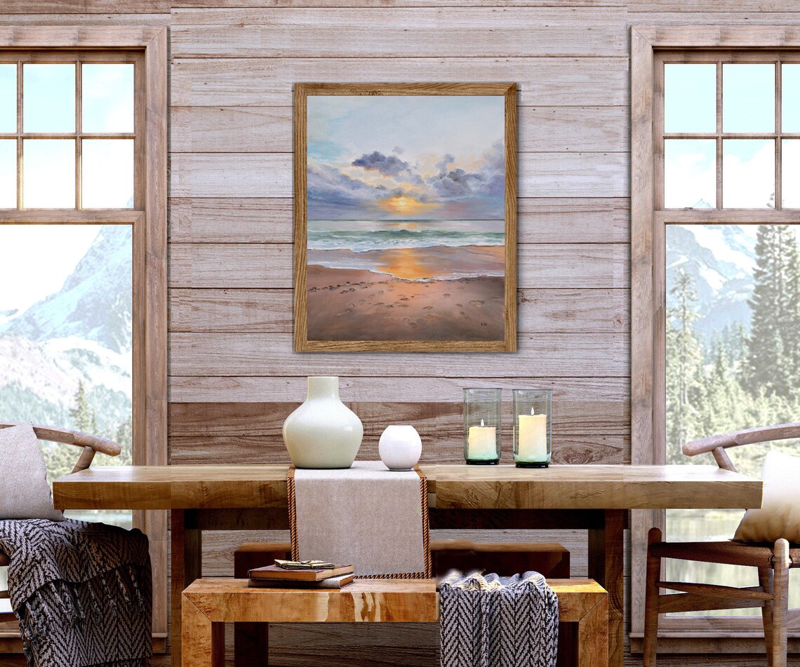 Quiet Beach Sunrise Sandy Shoreline Cloudy Morning Oil Painting Poster - Image 2