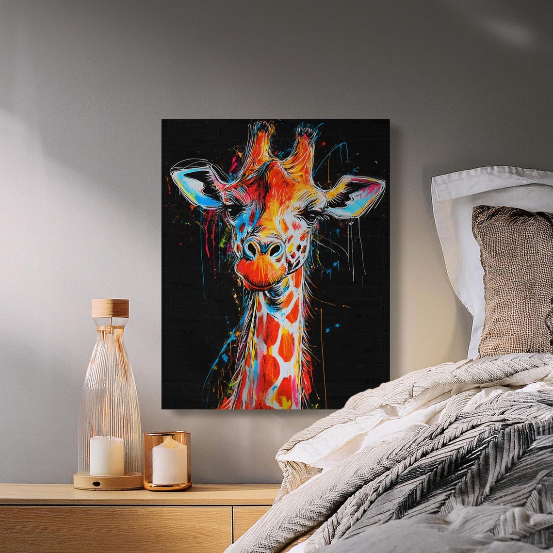 Cheerful Giraffe Front View Rainbow Splash Black Canvas Poster - Image 2