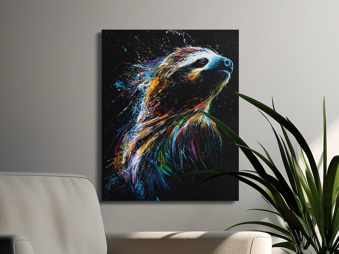Sloth Profile Gazing Up Colorful Splash Black Canvas Wall Art - Image 3