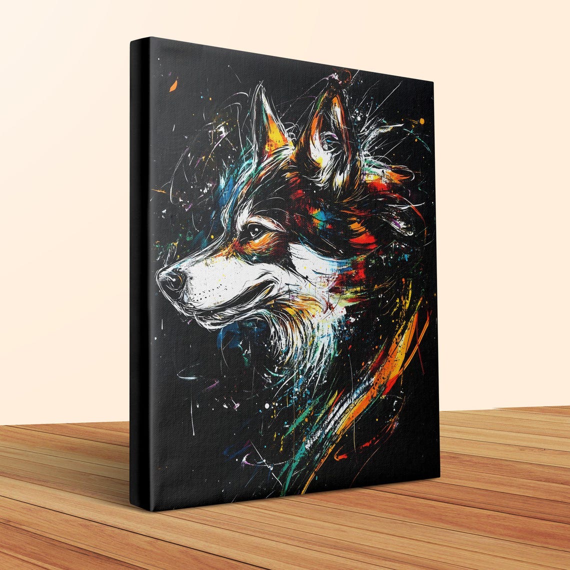 Colorful Husky Dog Profile Black Canvas Splash Art Wildlife Wall Art