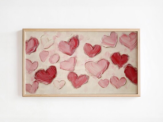 Romantic Textured Heart Painting Frame Tv Art Oil Paint Abstract Pink Red Palette Love Art Trendy Popular Modern