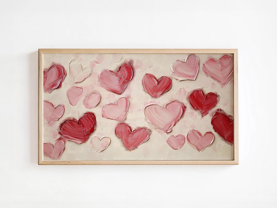 Romantic Textured Heart Painting Frame Tv Art Oil Paint Abstract Pink Red Palette Love Art Trendy Popular Modern