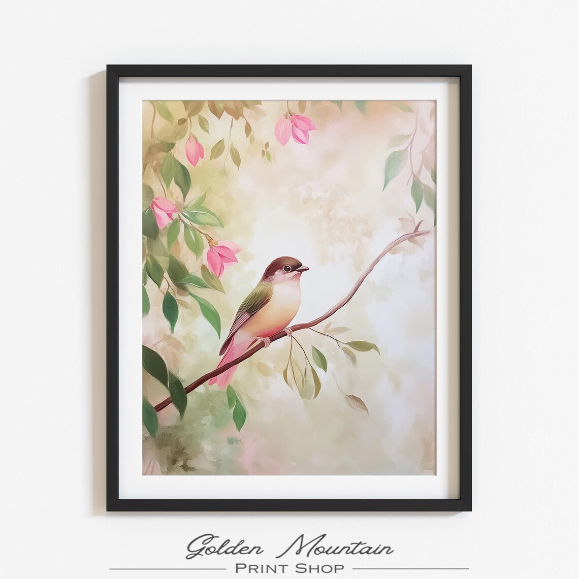 Colorful Songbird with Green Wings Pink Tail Floral Spring Art Poster