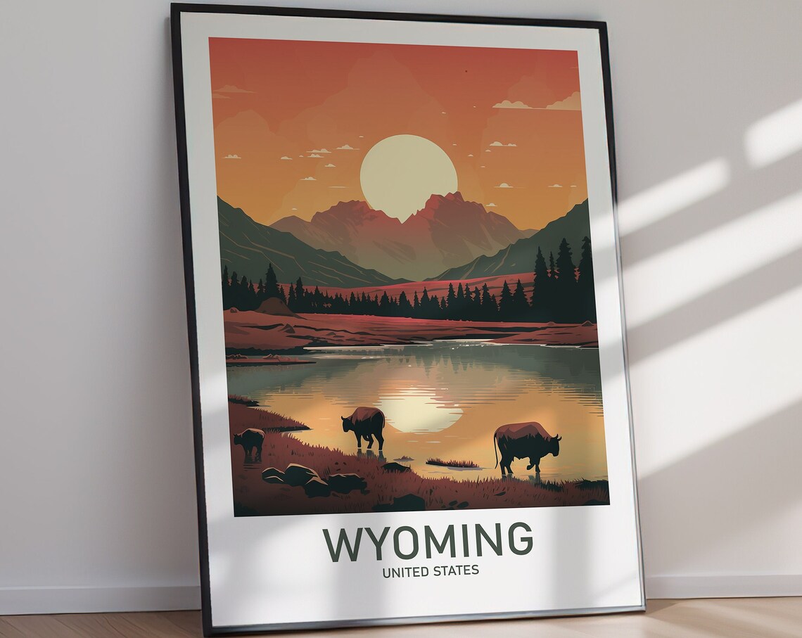 Wyoming Bison Lake Mountain Wild Sunset Vintage Travel Poster - Image 2
