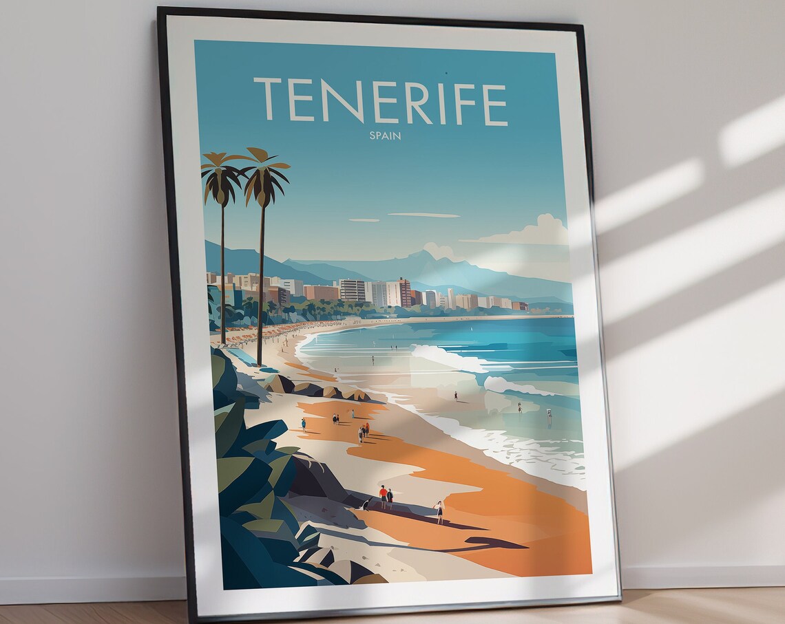 Tenerife Spain Golden Beach Palm Tree Coastal Scenic Art Poster - Image 3