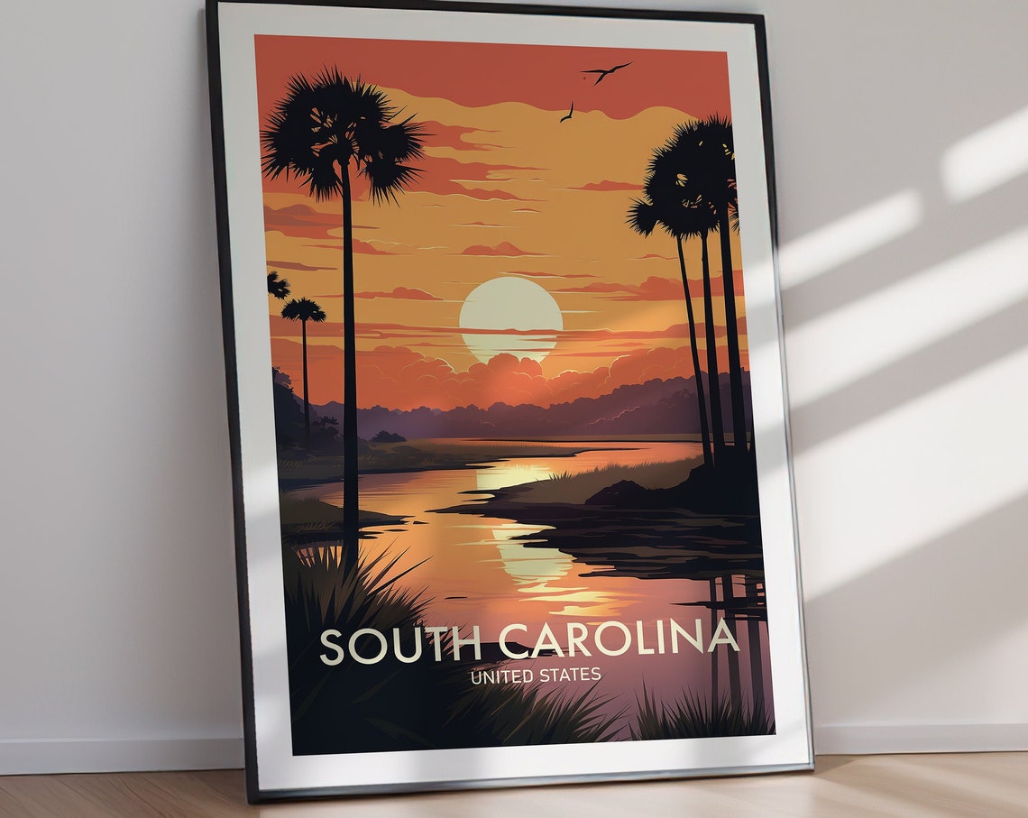 South Carolina Coastal Palm Marsh Sunset Retro Travel Poster - Image 2