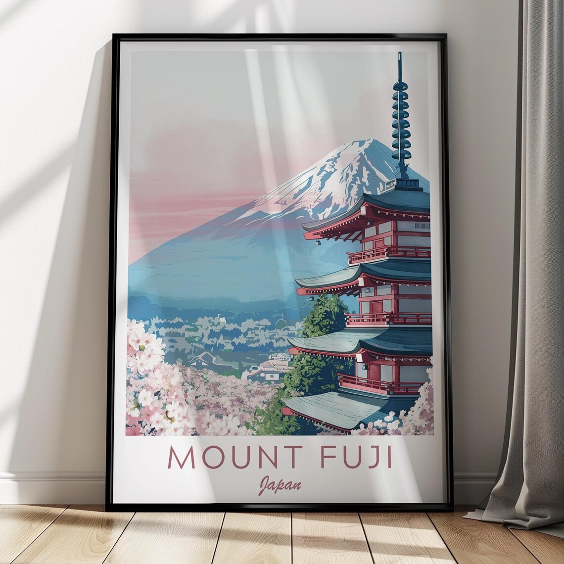 Mount Fuji Japan Cherry Blossoms Pagoda Spring Travel Poster