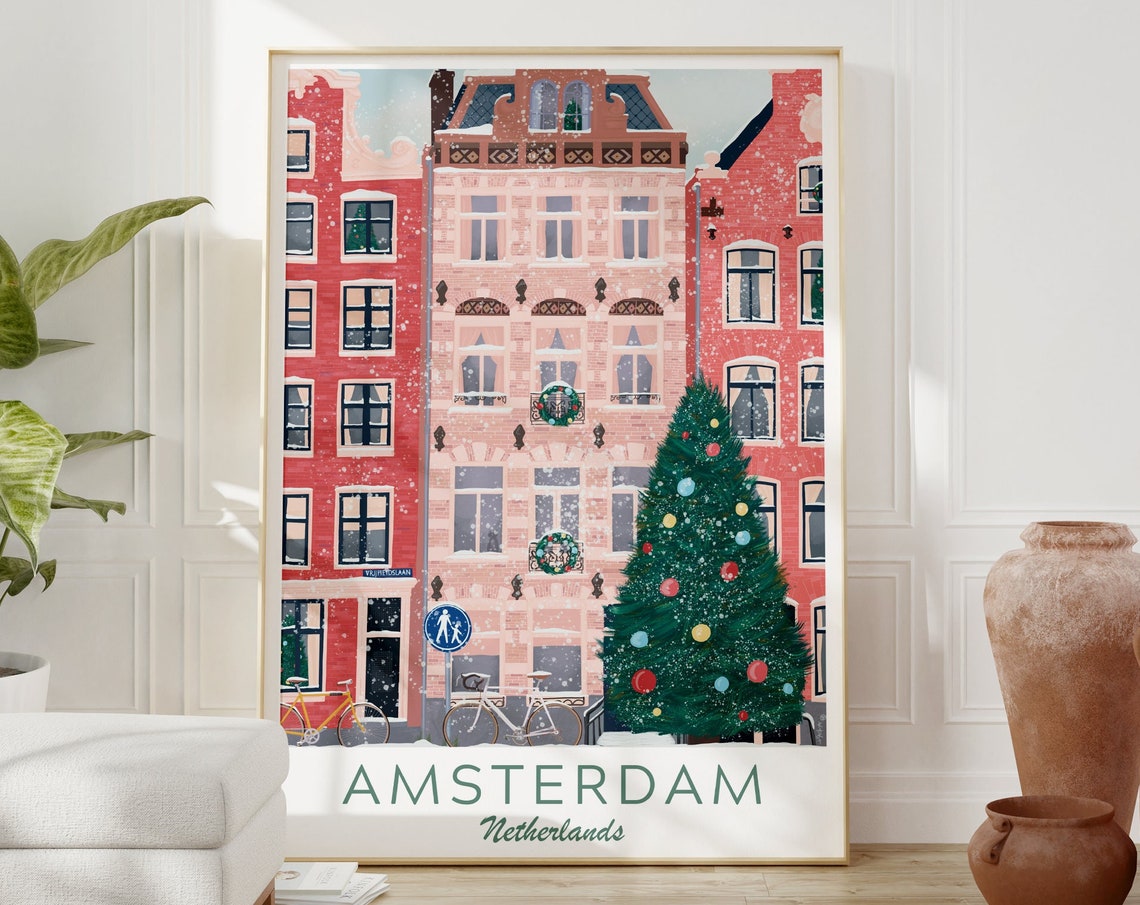 Amsterdam Netherlands Christmas Canals Bikes Holiday Tree Poster