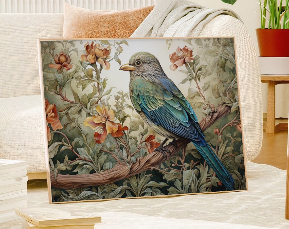 Teal Bird on a Branch Among Blush Blossoms Botanical Wall Art - Image 4