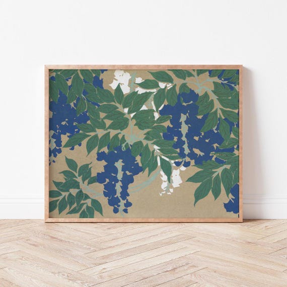 Blue And Green Wisteria Print Japanese Abstract Wall Art Color Flowers Wild Violets Prints Bo0009