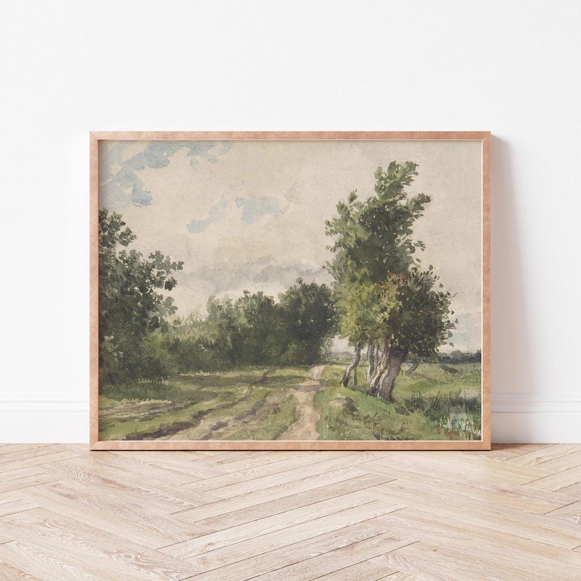 Watercolor Country Road With Trees Green Pastoral Landscape Poster