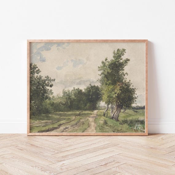 Green Field With Trees Watercolor Print Art Serene Home Decor Vintage Landscape Wild Violets La0029