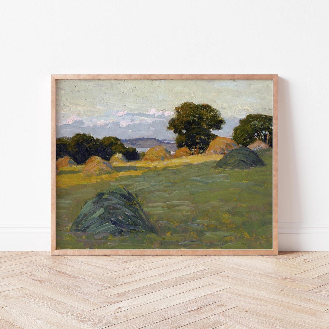 Green Haystacks Meadow Impressionist Landscape Oil Painting Poster