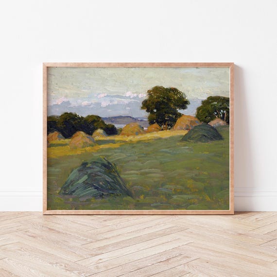 Green Field With Trees Art Print Serene Home Decor Vintage Landscape Wild Violets La0018