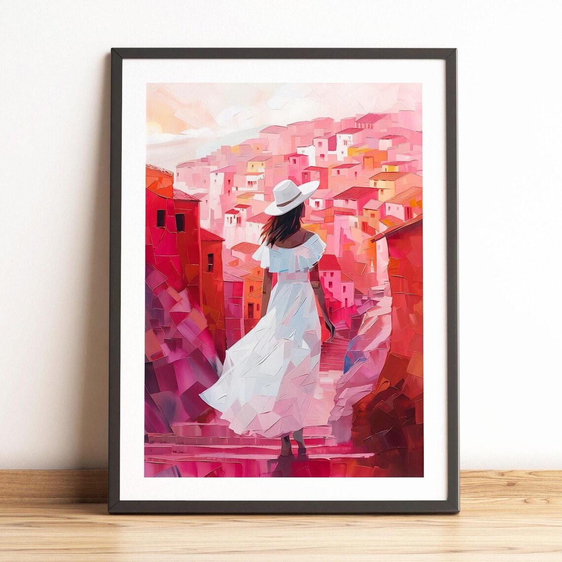 Woman White Dress Pink Mediterranean Hillside Town Impasto Poster