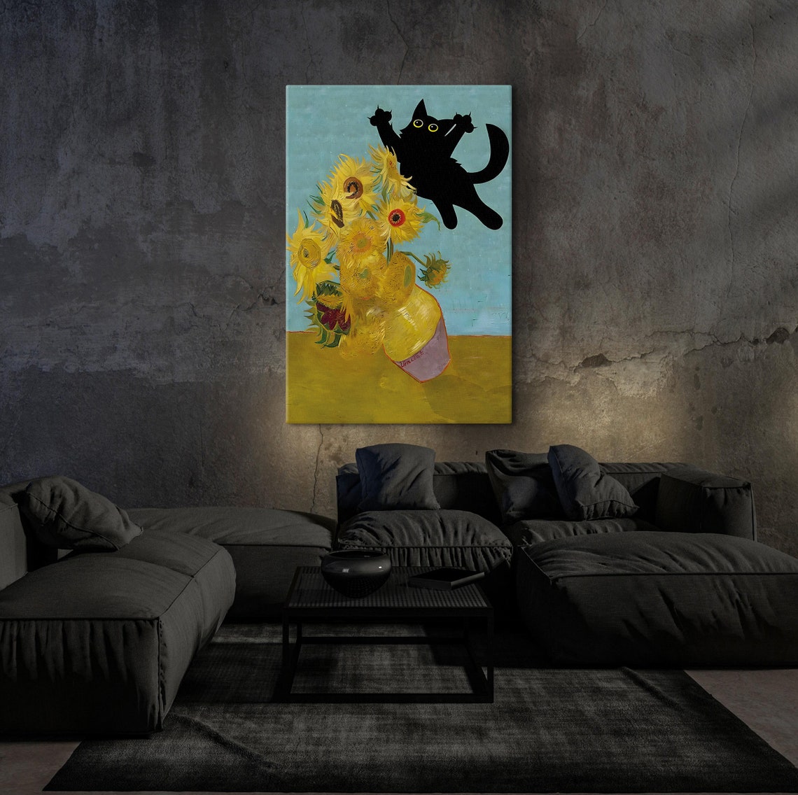 Van Gogh Sunflowers With Leaping Black Cat Funny Whimsical Poster - Image 5