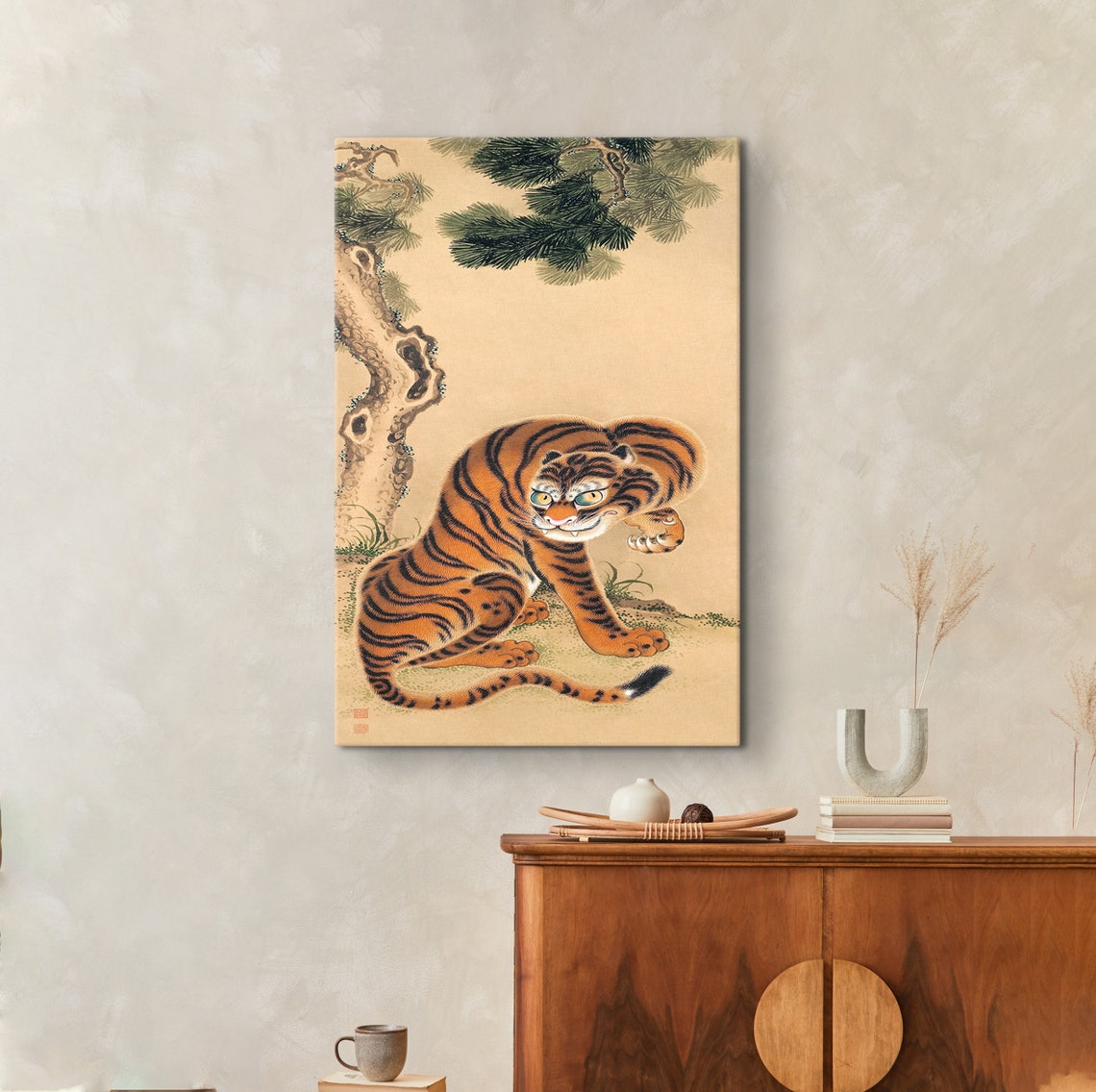 Japanese Tiger Cleaning Paw Beneath Pine Tree Vintage Style Poster - Image 2