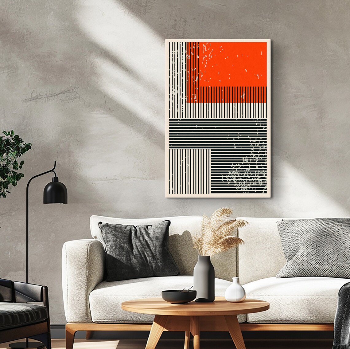 Bold Black Striped Lines with Orange Block Abstract Art Poster - Image 3