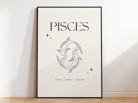 Pisces Zodiac Sign Minimalist Twin Fish Line Art Cream Poster