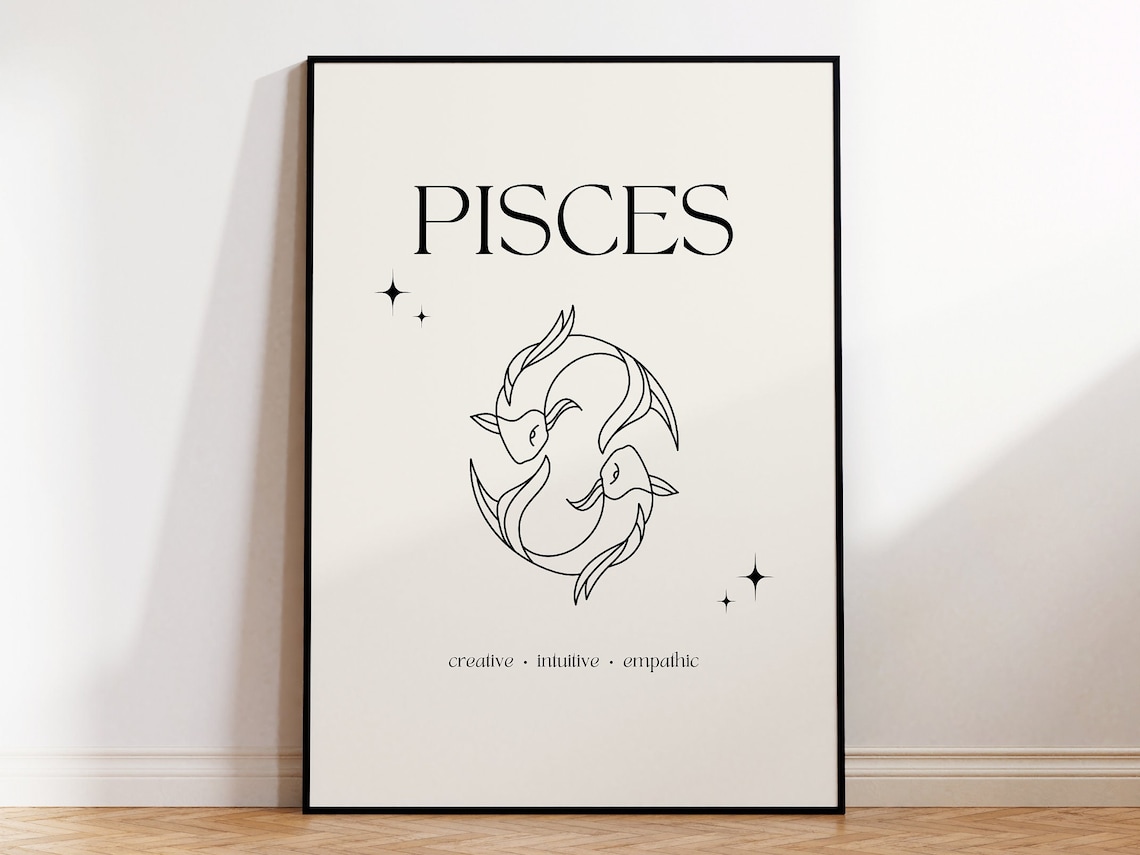 Pisces Zodiac Sign Minimalist Twin Fish Line Art Cream Poster