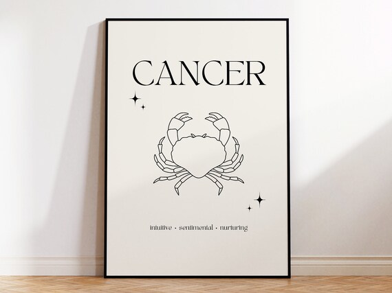 Cancer Zodiac Sign Minimalist Crab Line Art Cream Star Poster