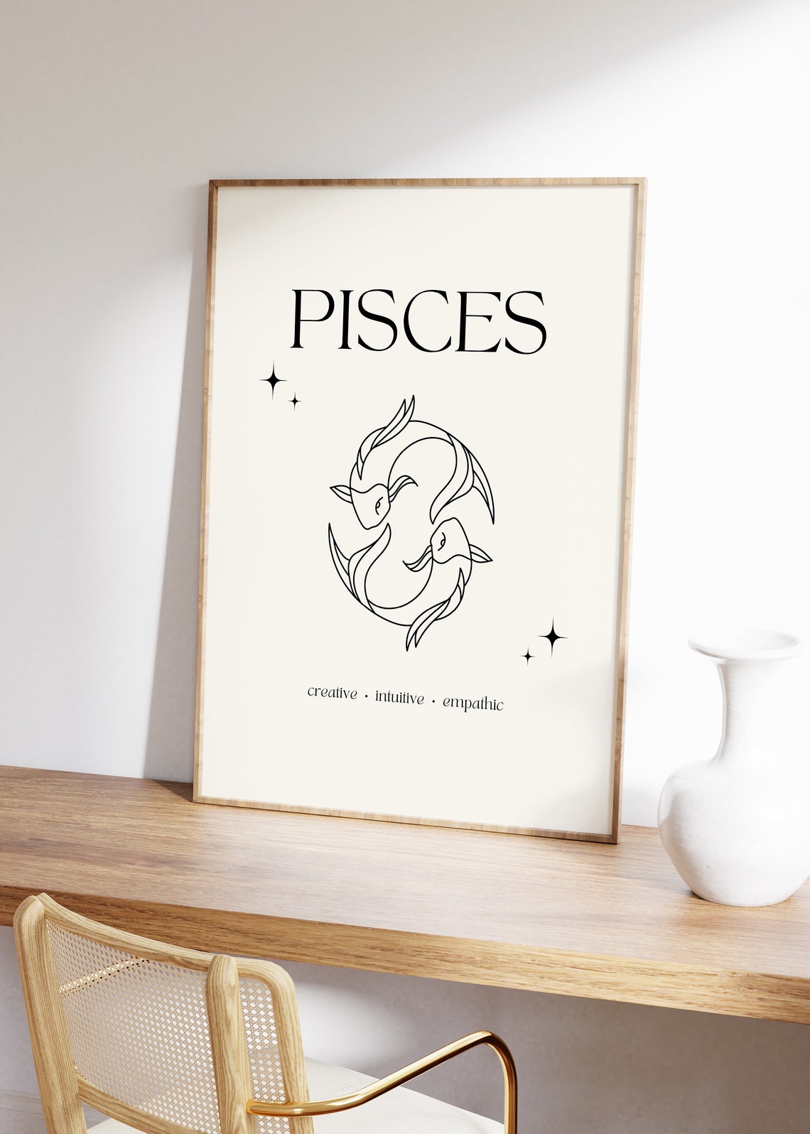 Pisces Zodiac Sign Minimalist Twin Fish Line Art Cream Poster - Image 4