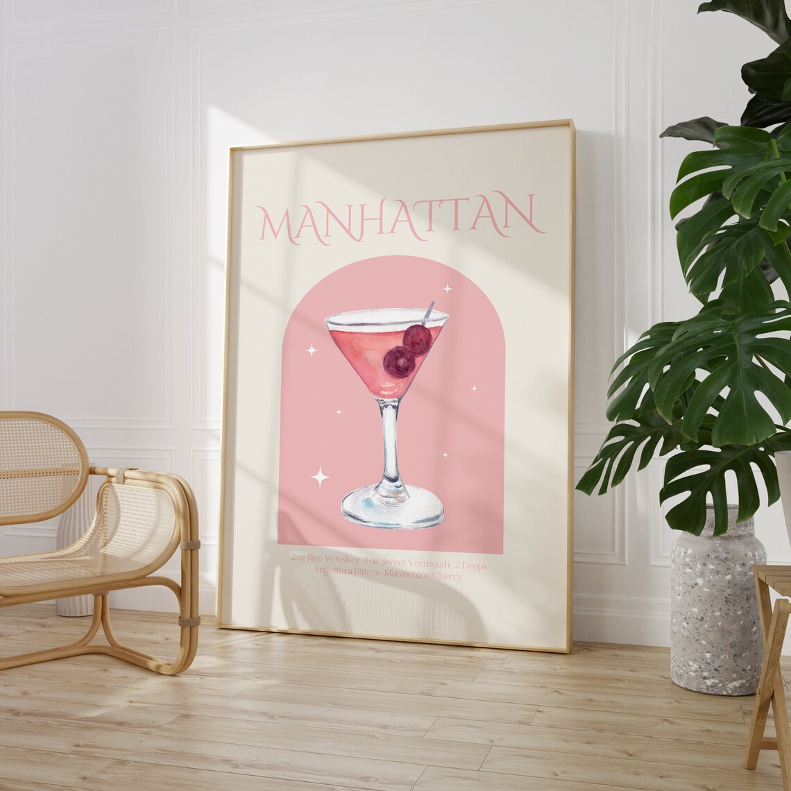Manhattan Cocktail Recipe Pink Watercolor Bar Cart Decor Poster - Image 3