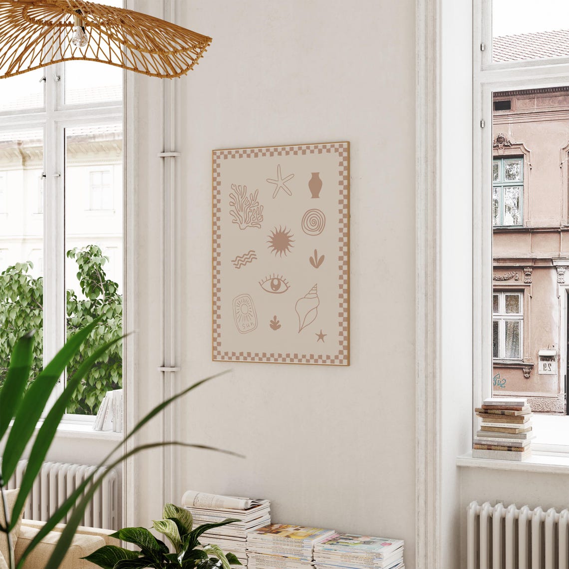 Coastal Doodle Icons Checkerboard Border Warm Tan Mediterranean Poster - Image 4